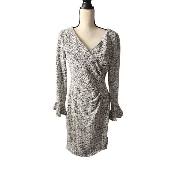 Lauren Ralph Lauren Dress Black White Ruffle Cuff Crossover Top Size 10 - Picture 1 of 7